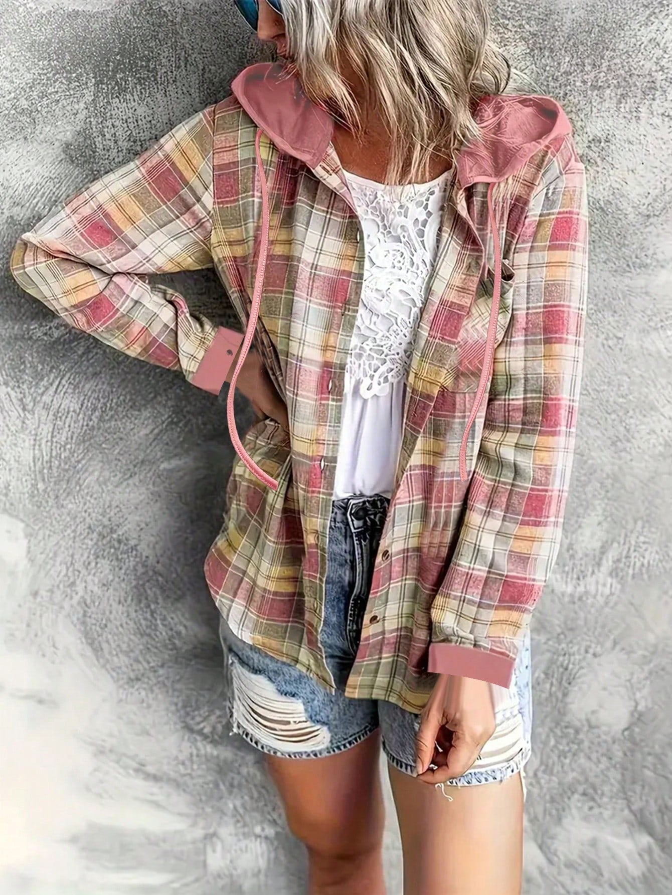 Women's Plaid Splice Drawstring Hoodie