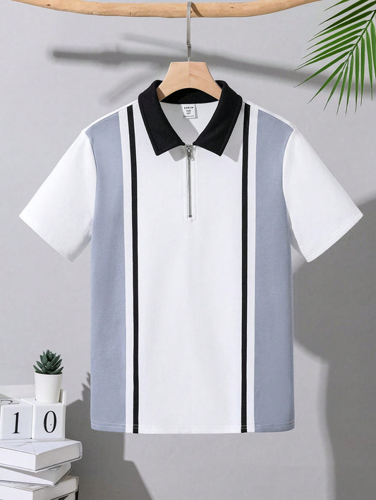 1pc Teen Boy Casual Striped Pattern Polo Shirt With Comfortable Loose Fit, Turn-Down Collar, Suitable For Summer Outdoor Activities