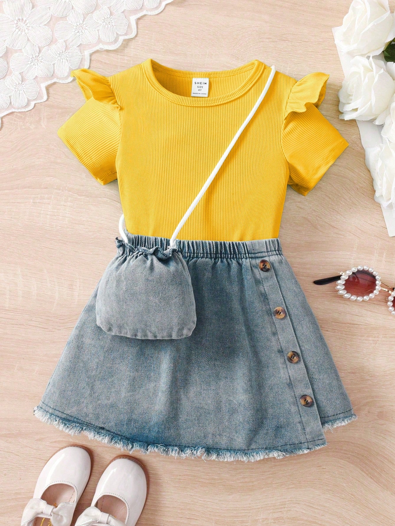 Young Girl Casual Round Neck Short Sleeve Solid T-Shirt And Elastic Waist Frilled A-Line Skirt Two-Piece Set With Crossbody Bag For Summer