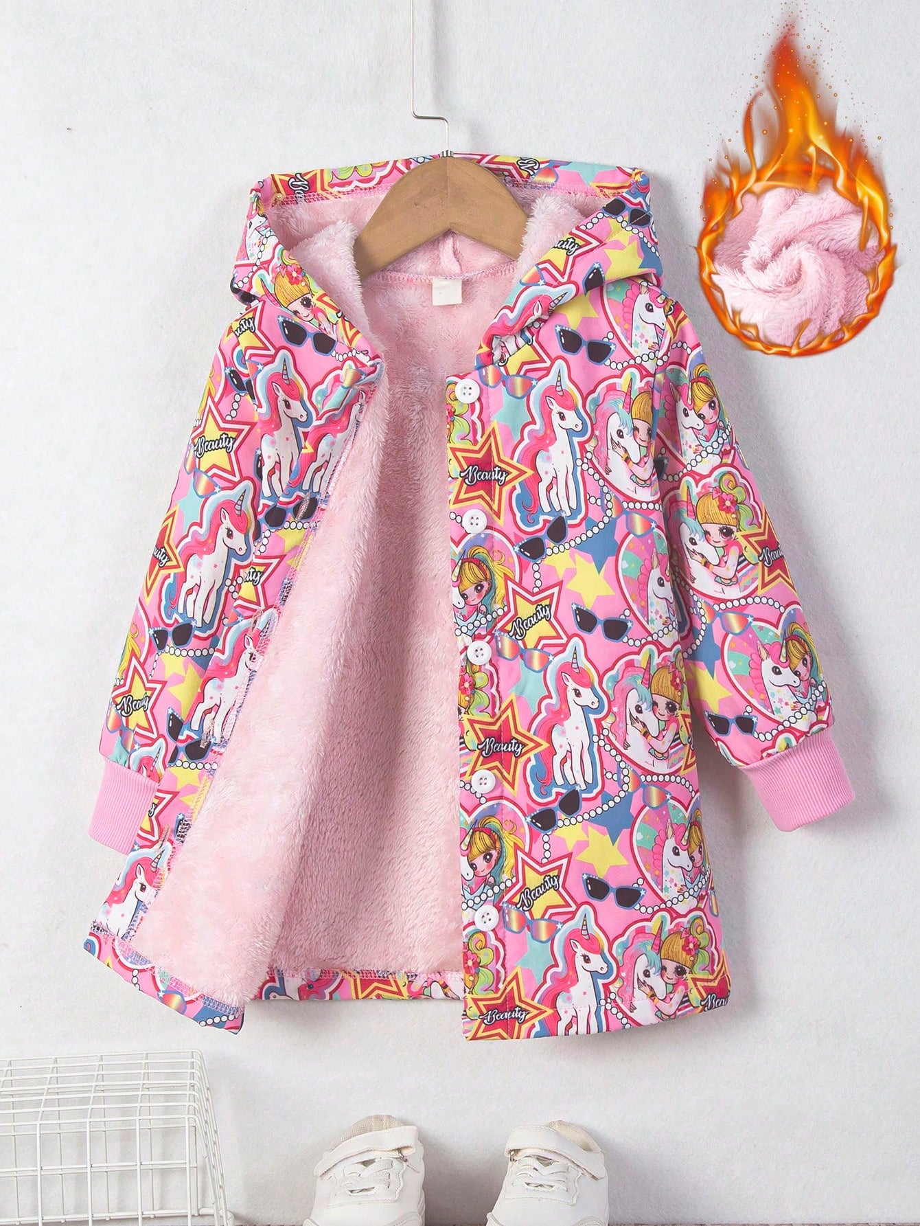 1pc Young Girls' Cute And Fun Unicorn, Stars And Hearts Printed Jacket, With Polar Fleece Lining, Hooded, Open Front, Ribbed Cuffs And Hem, Suitable For Daily Wear, Sports And Outdoors For Keeping Warm, Fall And Winter