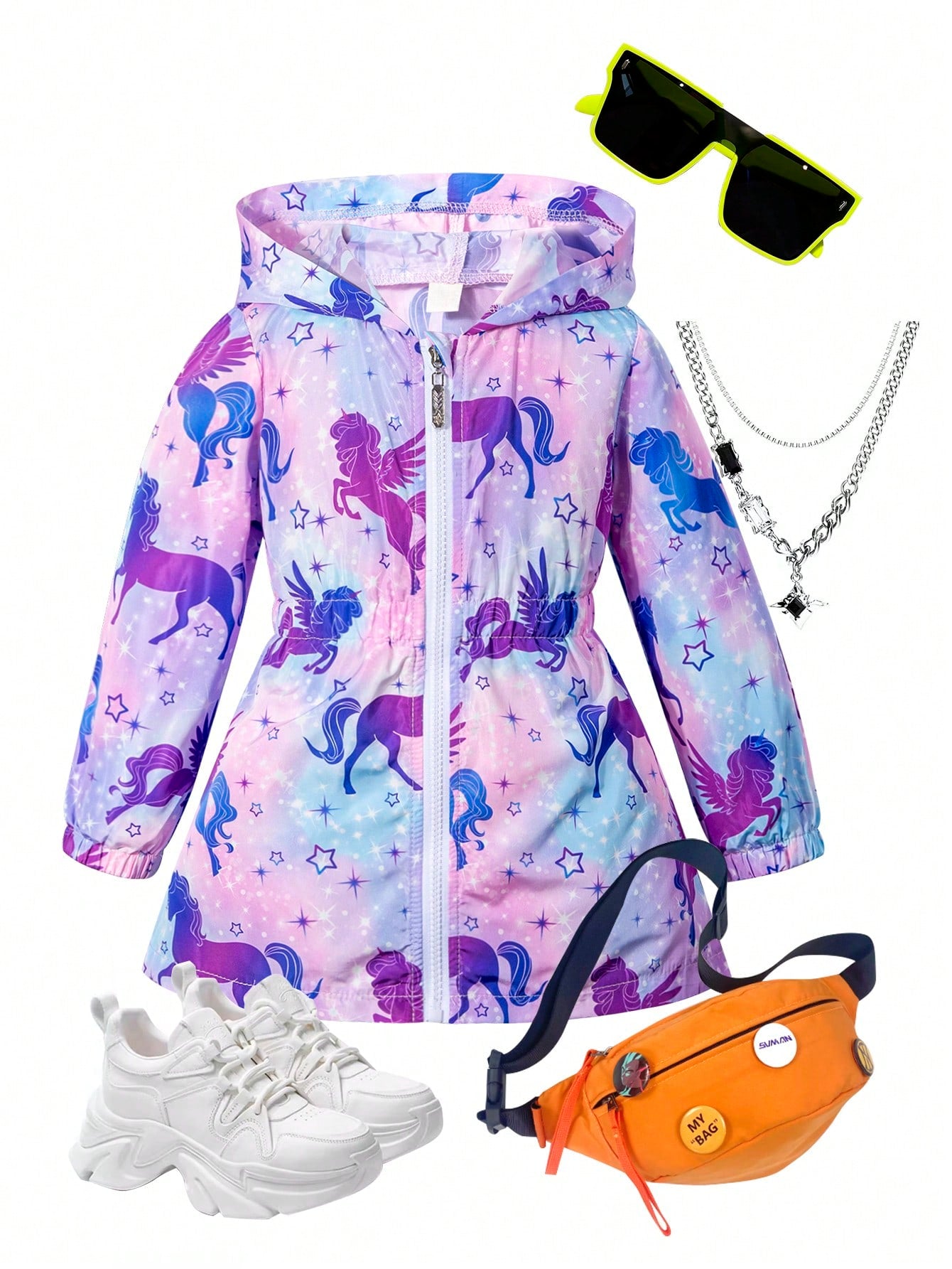 1pc Young Girls Trendy Personality Dream Starry Sky Unicorn Glow-In-The-Dark Print Hooded Slim Fit Drawstring Hem Lightweight Jacket, Suitable For Spring And Autumn Outdoor Hiking & Casual Sports