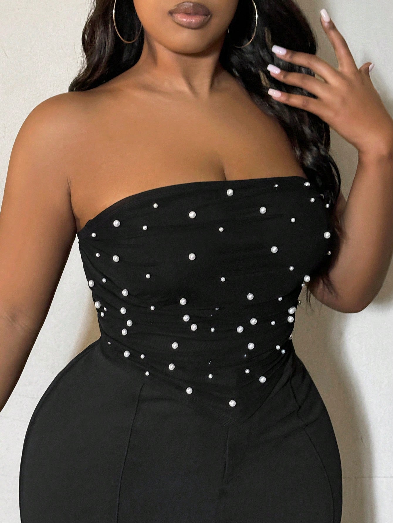 Plus Size Women's Pearls Beaded Bandana Hem Crop Tube Top,Suitable For Date Night,Birthday,Bachelorette Party Outfit ,Casul,Shopping, Streetwear,Going Out,Coquette,Easy To Match&Looks Slim,Flatter The Figure