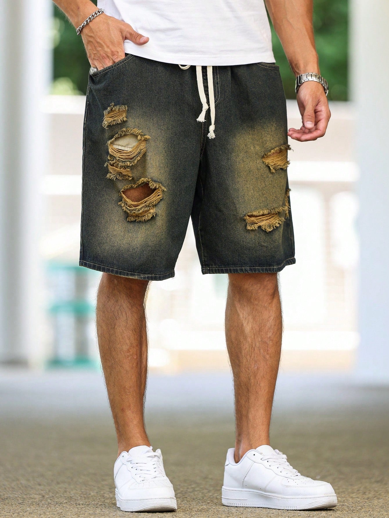 Plus Size Men's Casual Drawstring Waist Distressed Denim Shorts For Summer