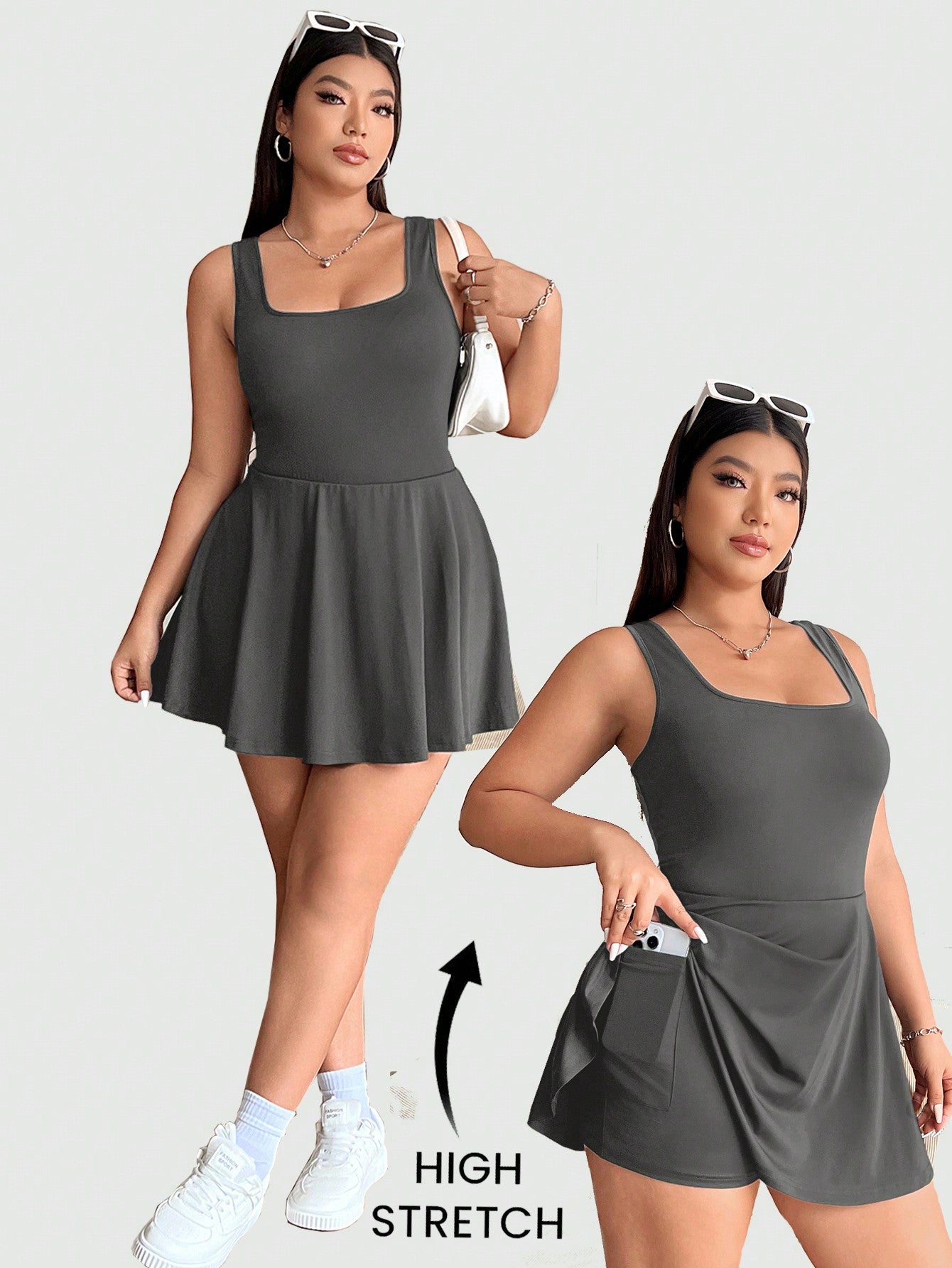 Women's Plus Size Sleeveless Jumpsuit With Inner Skirt And Pocket Shorts, Solid Color