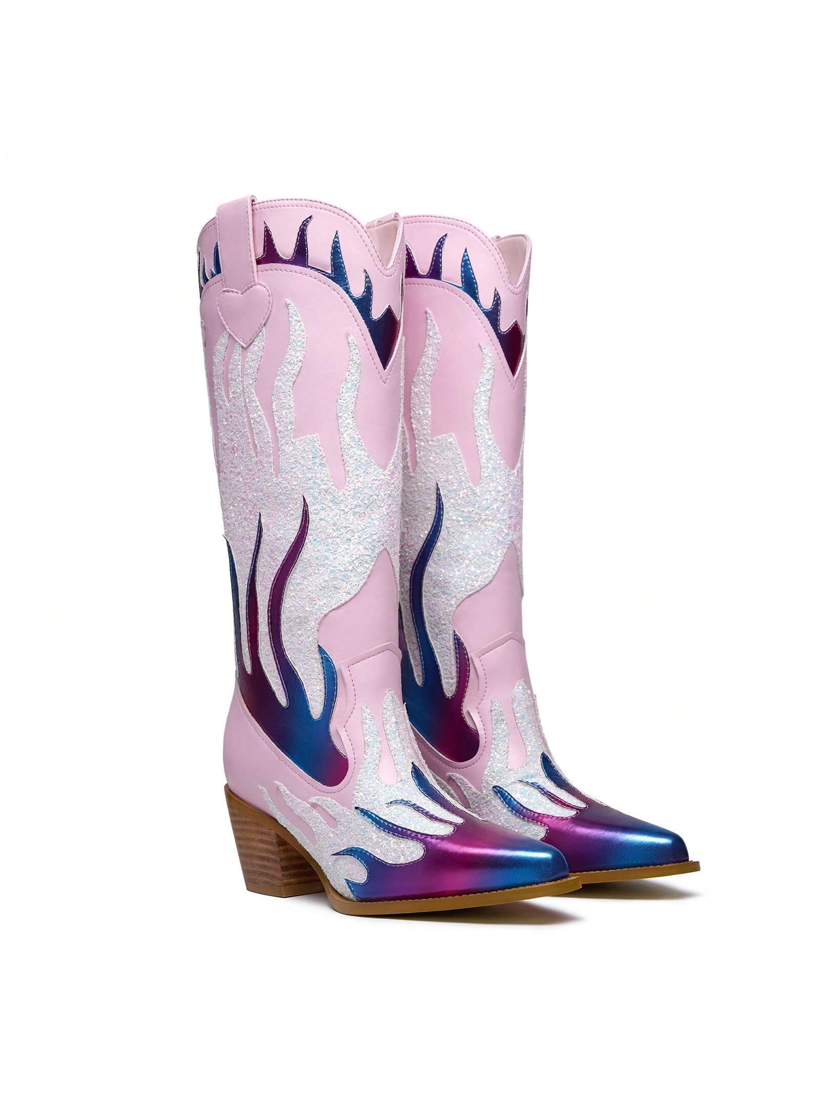 Fashion Outdoor Cowboy Boots For Women Metallic Mid Calf Cowgirl Boots With Embroidered Sparkly Western Wide Calf Short Boots Fashion Pull On Back Zipper Pointed Toe Chunky Stacked Heel Spring Fall Winter Pink And Purple Ladies Shoes