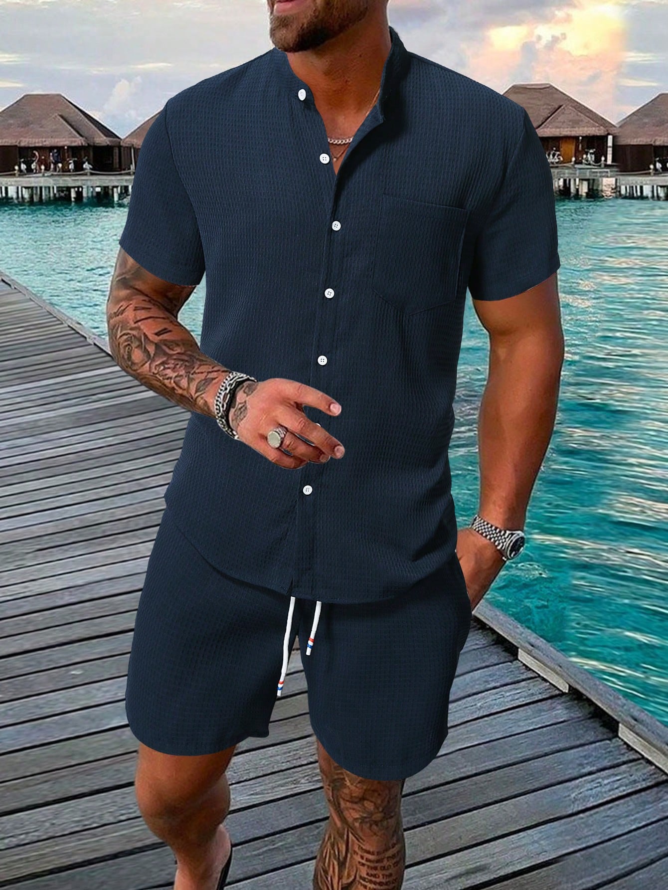 Men Pocket Patched Shirt & Drawstring Waist Shorts Set