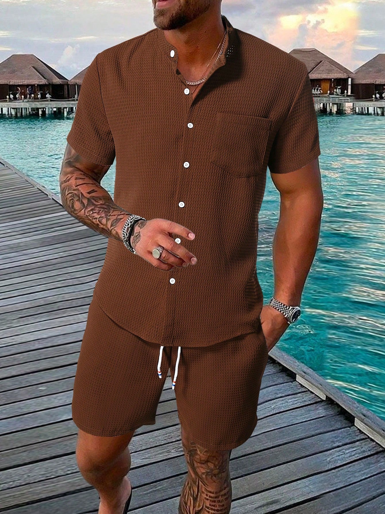 Men Pocket Patched Shirt & Drawstring Waist Shorts Set