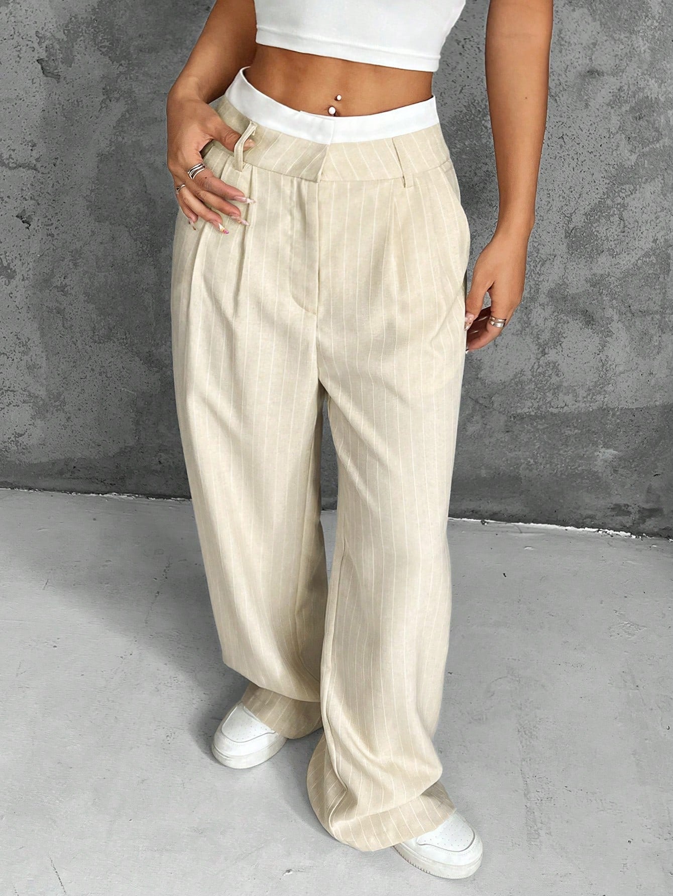 Spring Dress PantsHigh Waist Plicated Detail Wide Leg Suit Pants