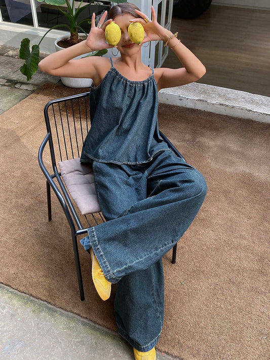 Women's Vintage Washed Denim Overalls Set With Tank Top And Wide-Leg Pants