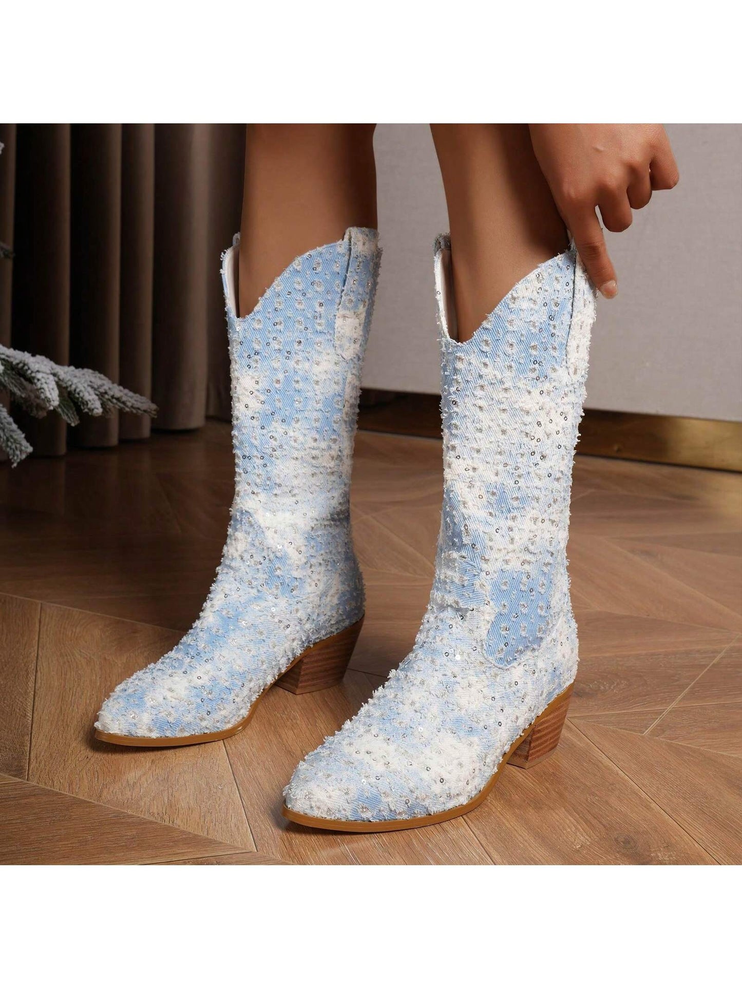 Sequin Mid-Calf Chunky Heels Western Cowgirl Boots Women's Glitter Cowboy Boots Sparkly Wedding Dress Shoes Block Heel 2.5" Classic Cowgirl Boots Mid Calf Booties Almond Shaped Pointed Toe Mid Boots Pull On Fashion Design Pink