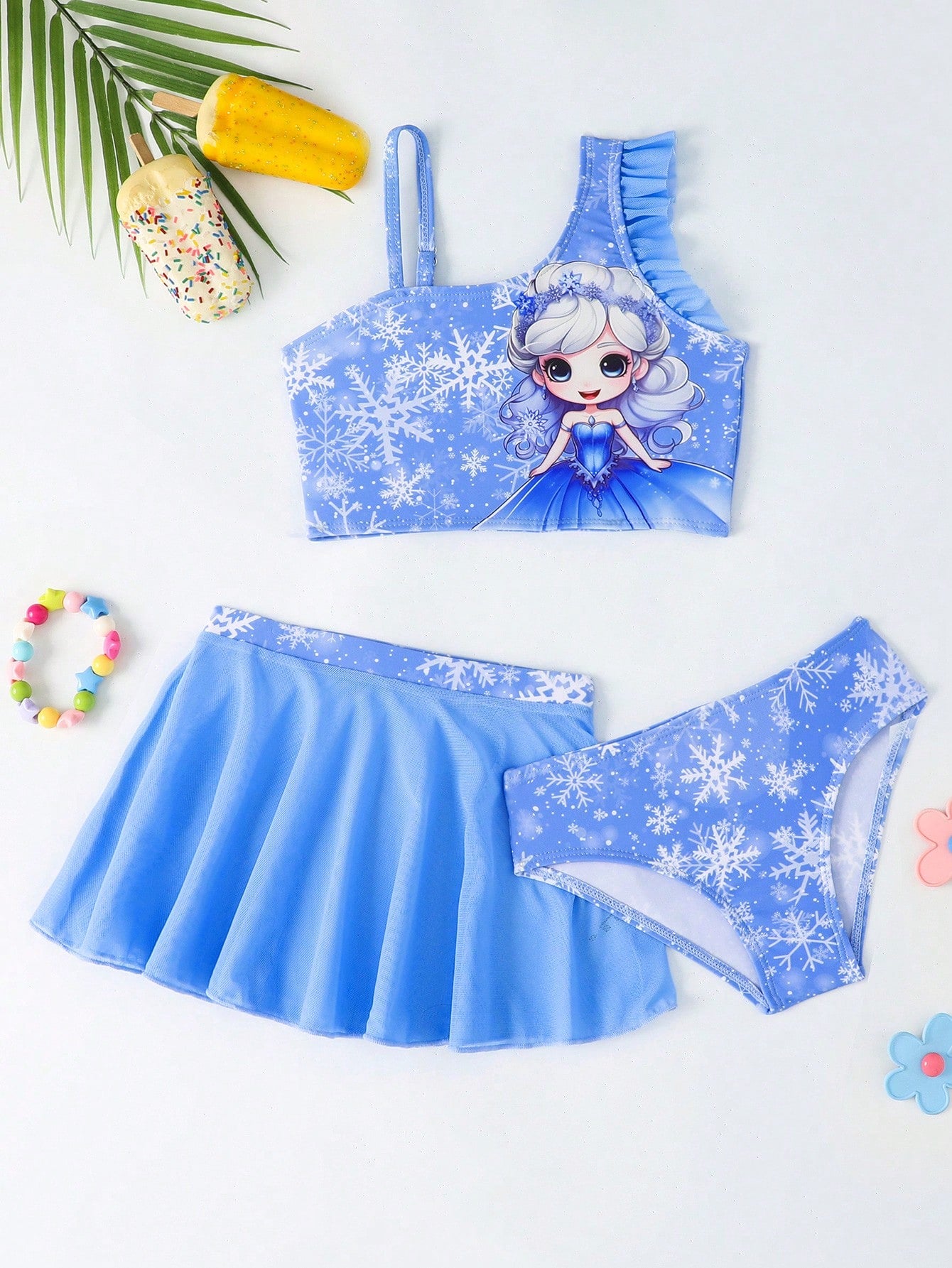 Young Girl Fashionable And Adorable Snowflake Printed Bikini Set(Printed Pattern) Summer Beach