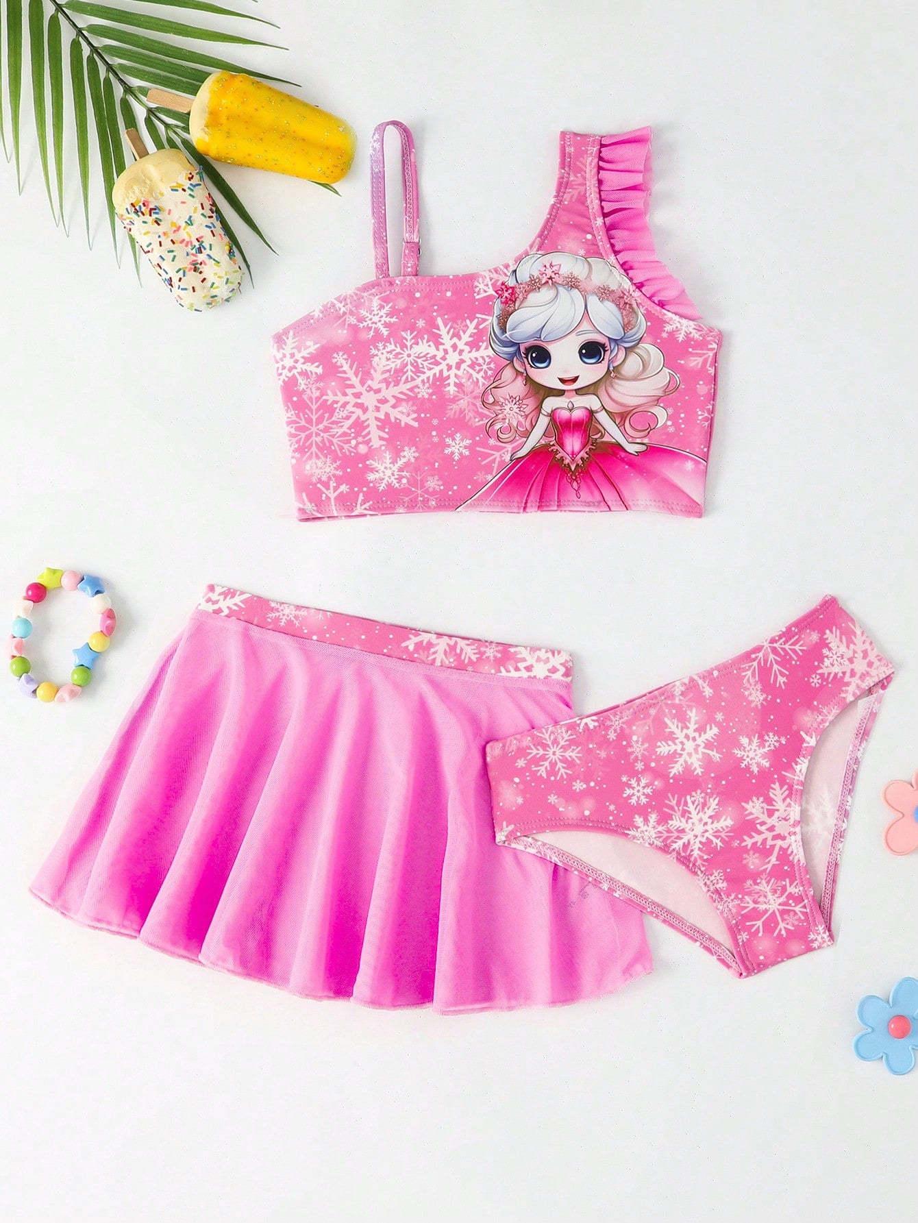 Young Girl Fashionable And Adorable Snowflake Printed Bikini Set(Printed Pattern) Summer Beach