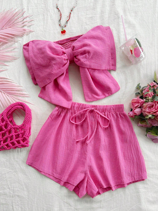 Women's Vacation Style Oversized Bow Decor Tube Top And Wide Leg Shorts 2pcs Set, Bow Tie Embellishment, Suitable For Wedding, Graduation, Back To School, Cute Casual For Summer - Pink