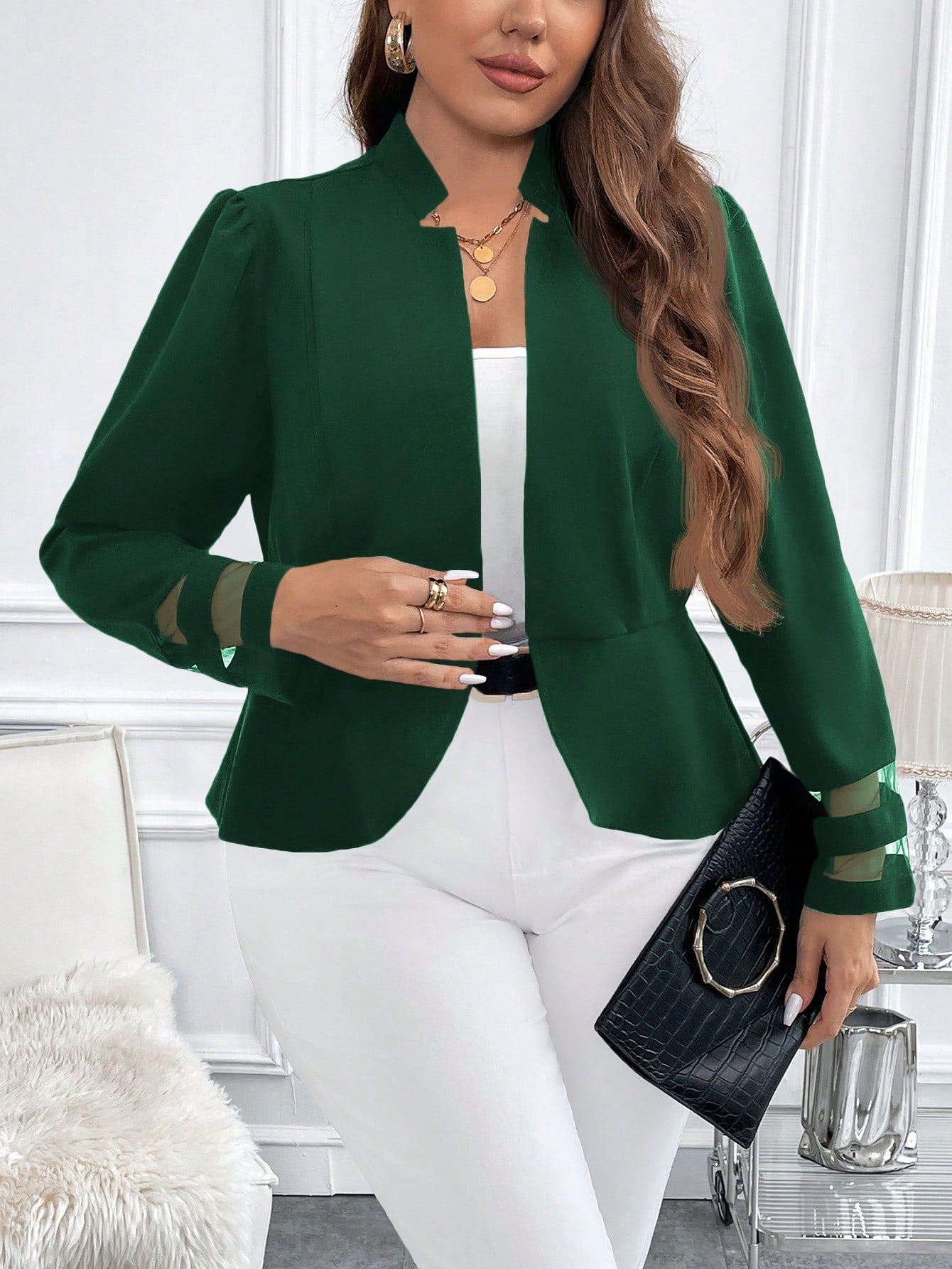 Plus Size Solid Color Stand Collar Mesh Patchwork Jacket