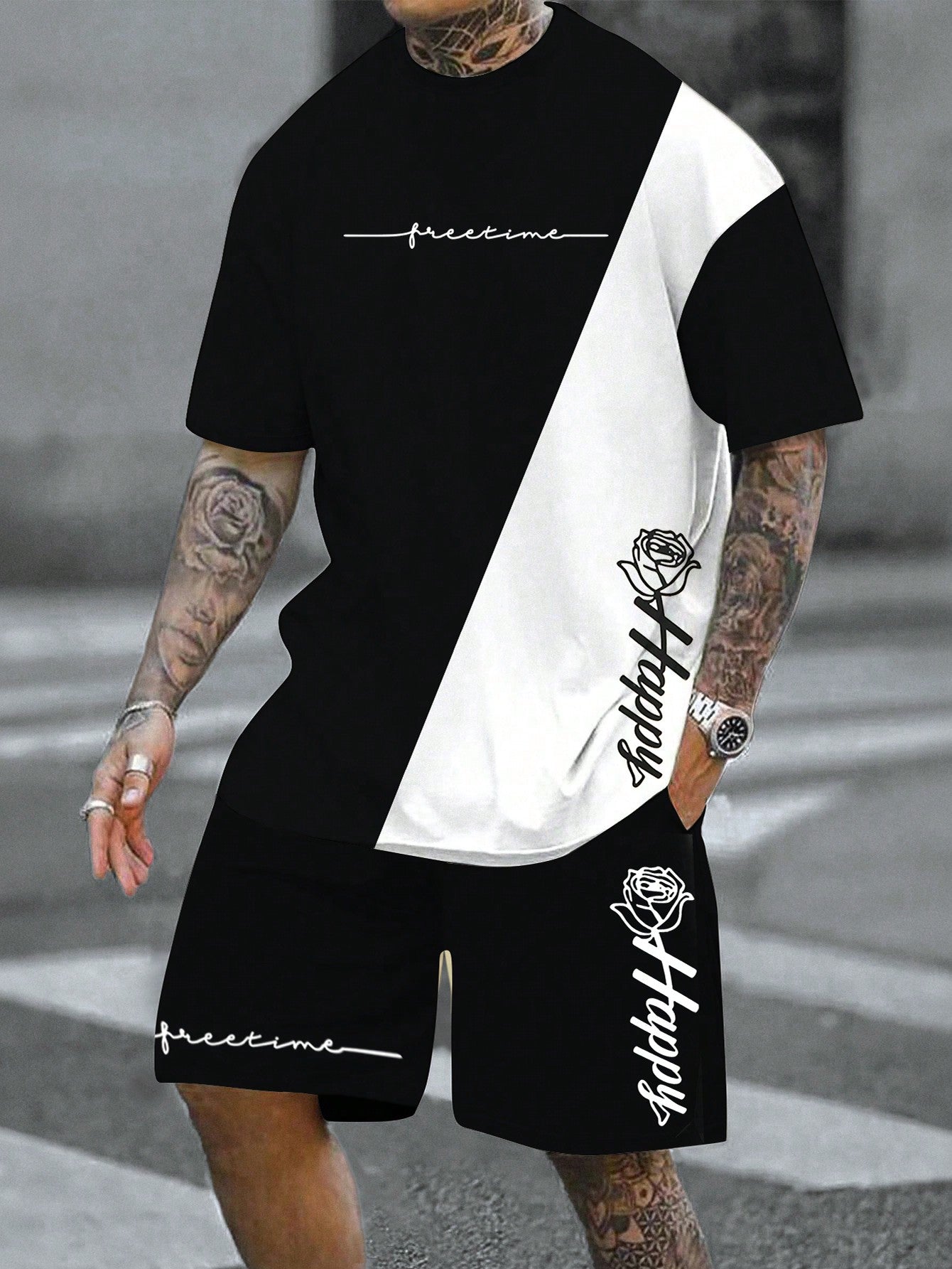 Men's Color Block Letter Printed Short Sleeve T-Shirt And Shorts Set