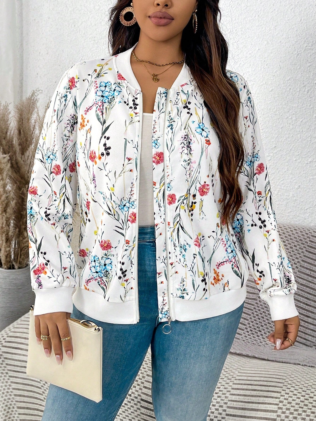 Plus Size Multi-Colored Iridescent Abstract Printed Jacket For Autumn & Winter