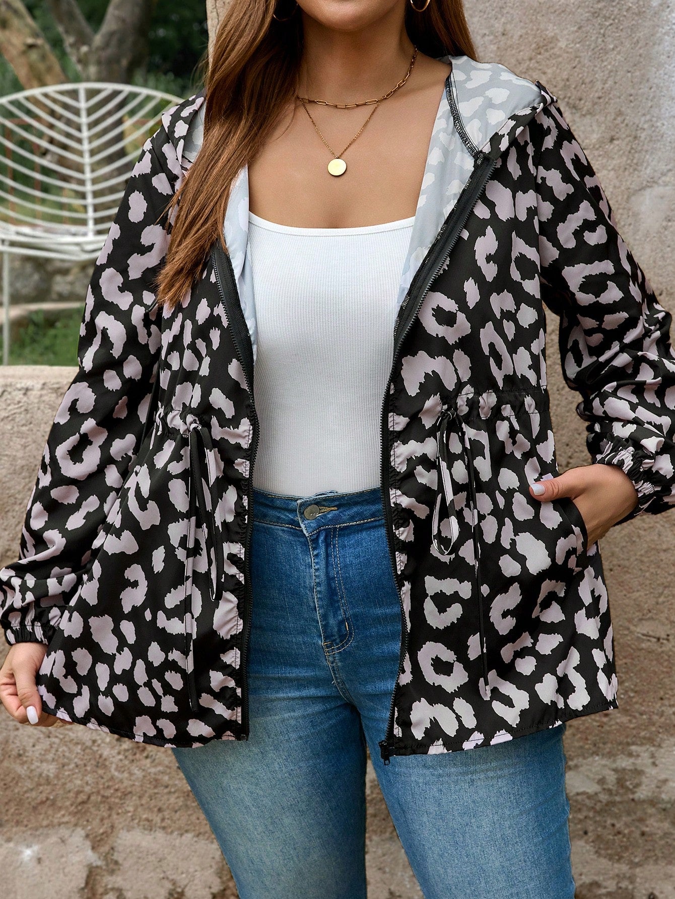 Women's Plus Size Long Sleeve Leopard Print Hooded Casual Jacket With Drawstring Waist For Autumn & Winter