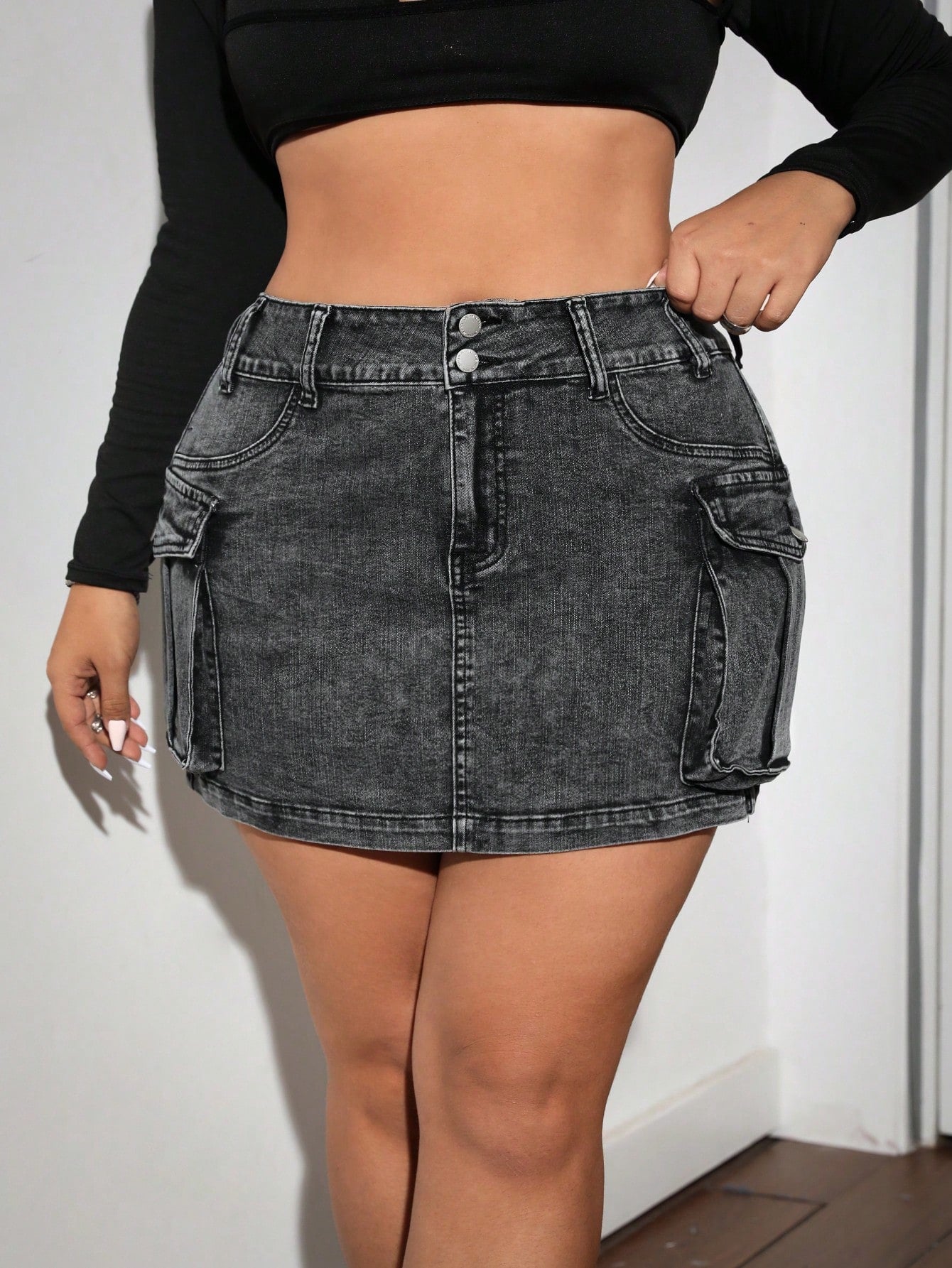 Women'S Plus Size Solid Color Folded Pocket Denim Skirt