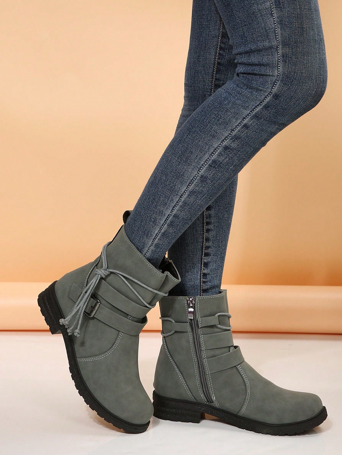 Plus Size Round Toe Chunky Heel  Boots With Side Zipper Buckle Strap, Autumn & Winter