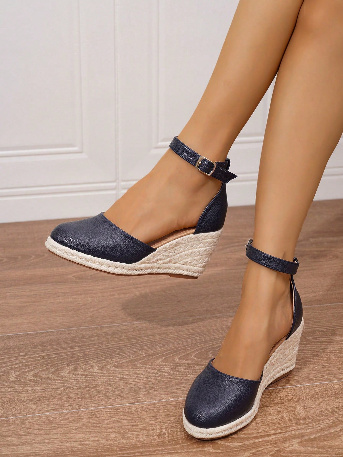 Women's Minimalist Ankle Strap Espadrille Shoes, Vacation Style Faux Leather With Metal Buckle Blue Suede Upper Jute Sole Blue Wedge Platform Shoes