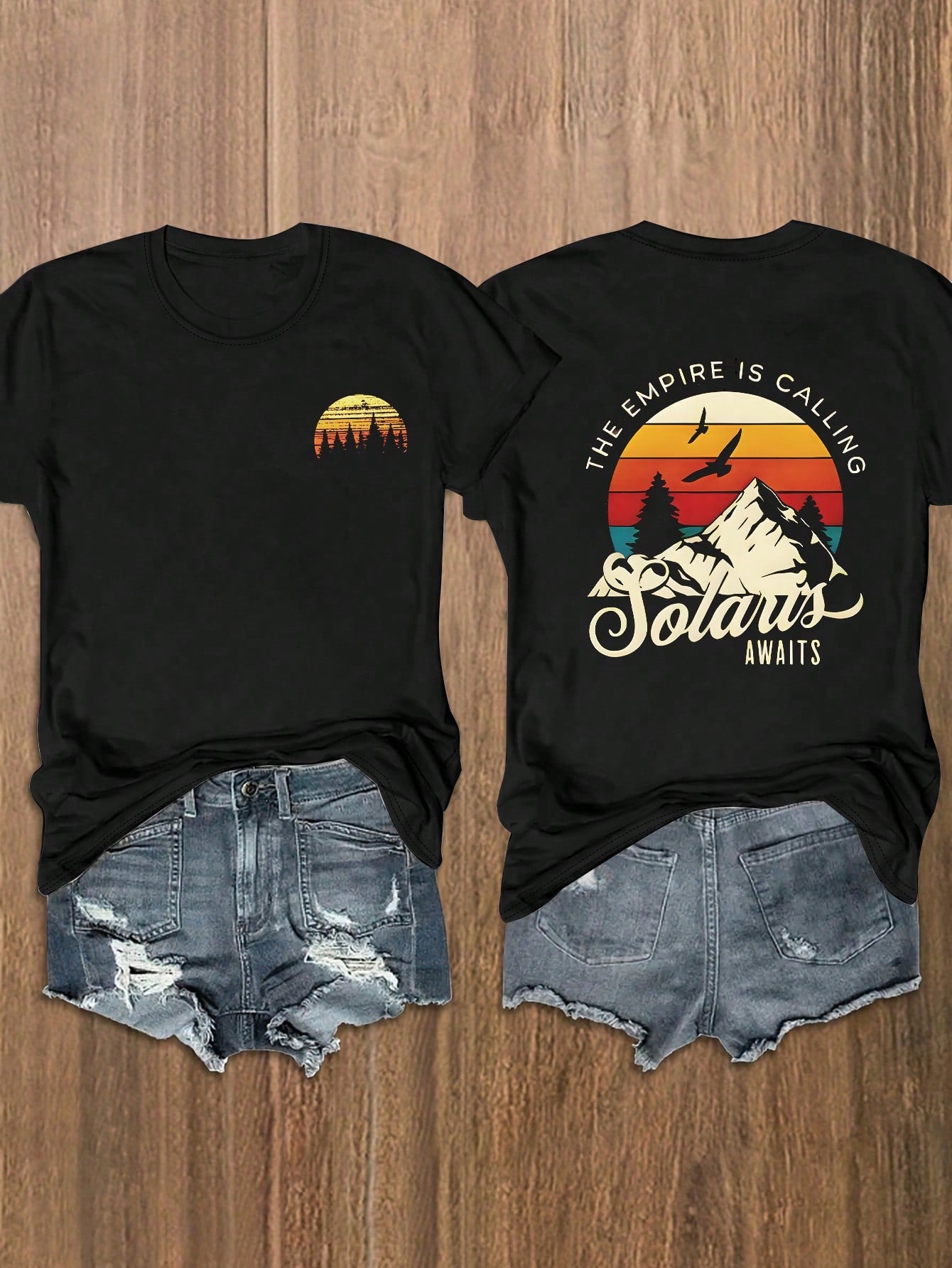 Plus Size Vintage Art Landscape With Stars, Moon And Mountains Heat Transfer Print Short Sleeve T-Shirt CITY OF STARLIGHT