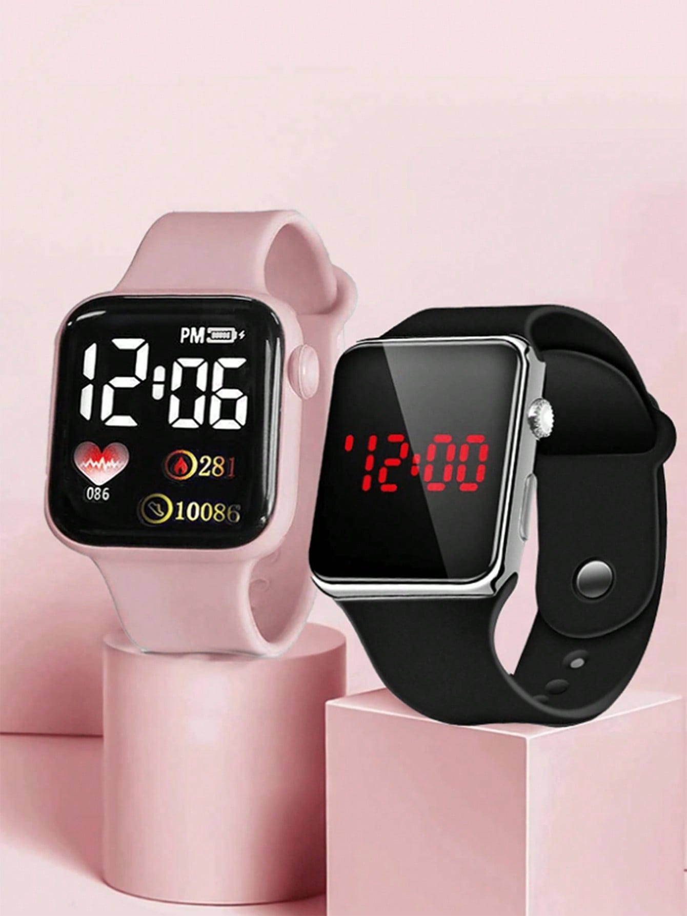 2-Pack Black And Pink PVC Strap Sports Style Square Digital Watch, Suitable For Daily Life