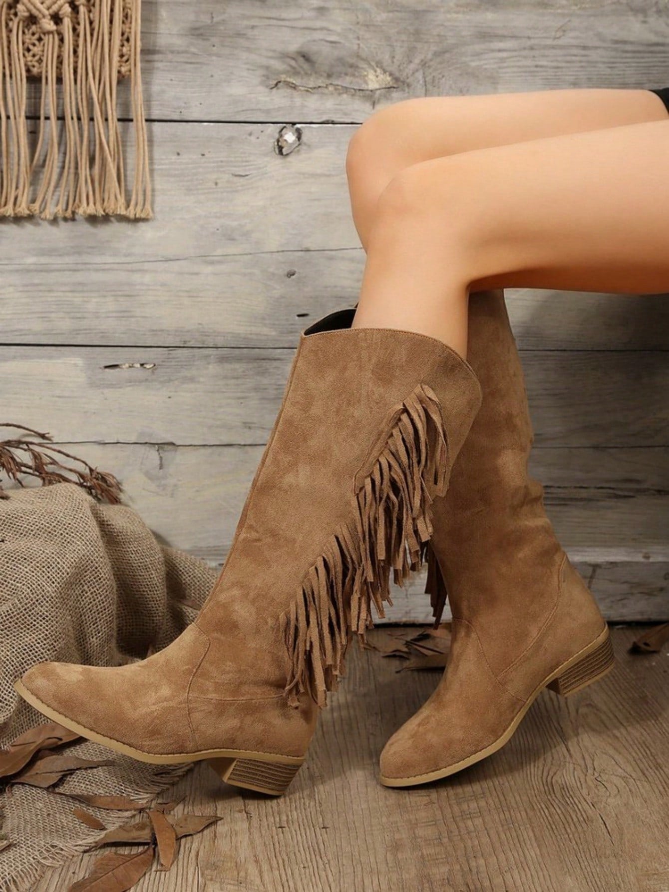 Western Cowboy Fringe Design V-Cut High Heel Knee-High  Boots, Trendy Mid-Calf Women's Boots With Western Cowboy Style