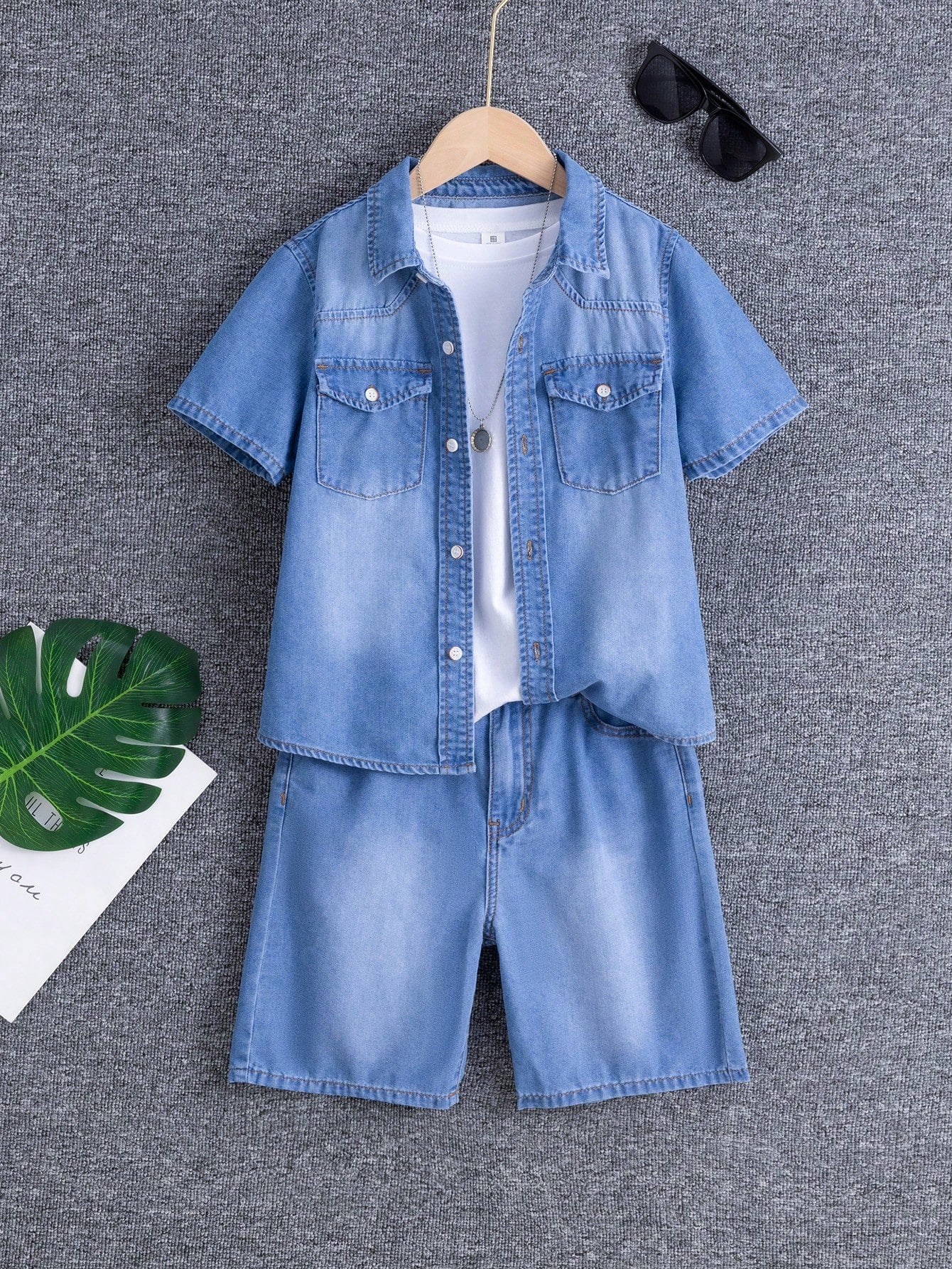 New Arrival Tween Boys' Casual Fashion Short Sleeve Denim Shirt And Shorts Set, Washed Style