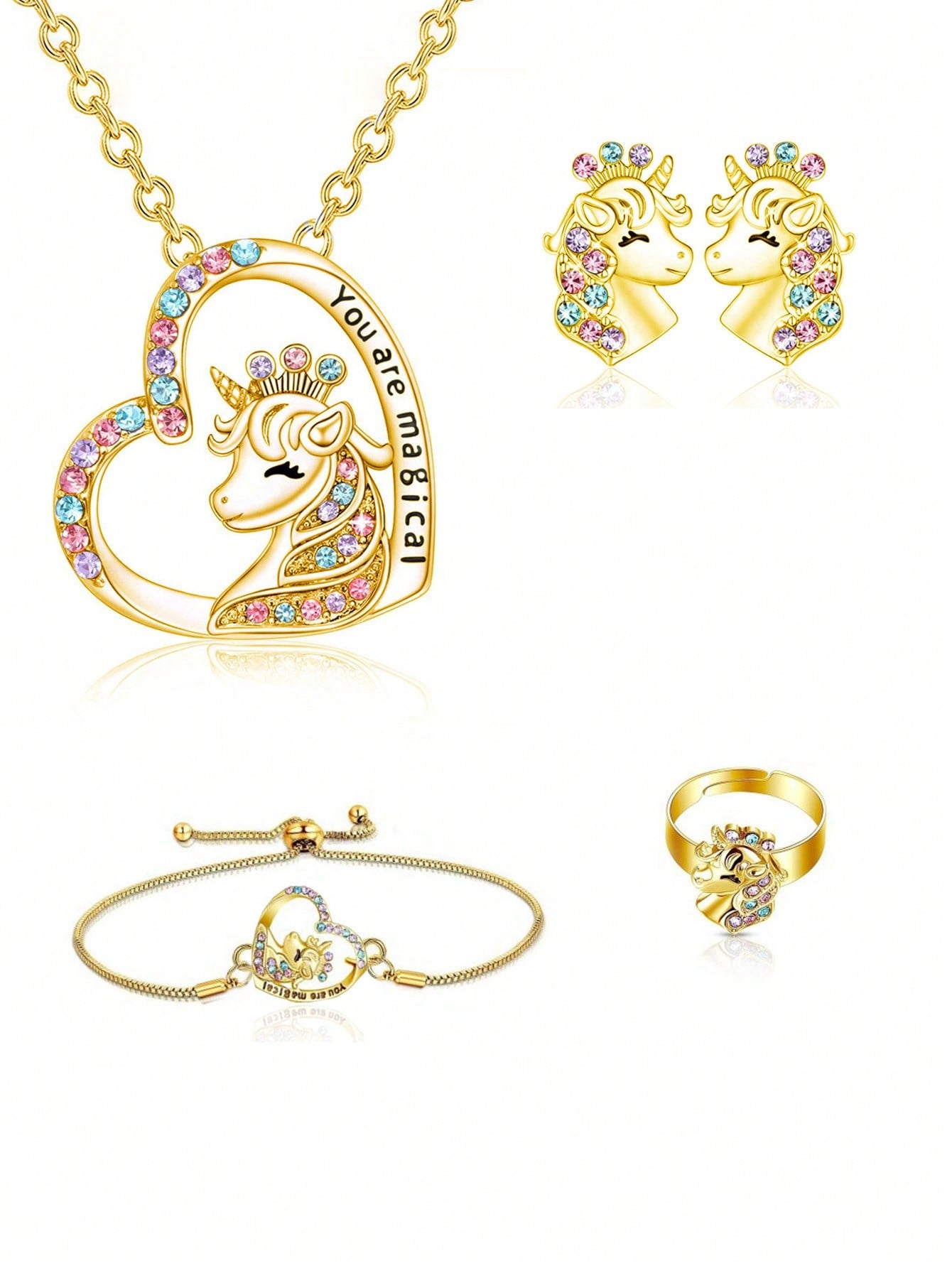 1pc/5pcs Beautiful Unicorn Jewelry Set, Inlaid With Rhinestones, Including One Necklace, One Bracelet, One Ring And One Pair Of Earrings, Suitable For Daily Wear