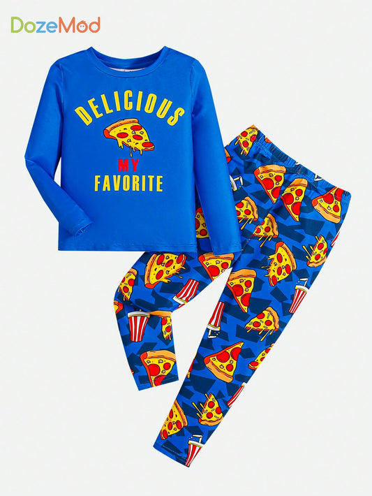 Young Boy Letter & Pizza Print Snug Fit PJ Set