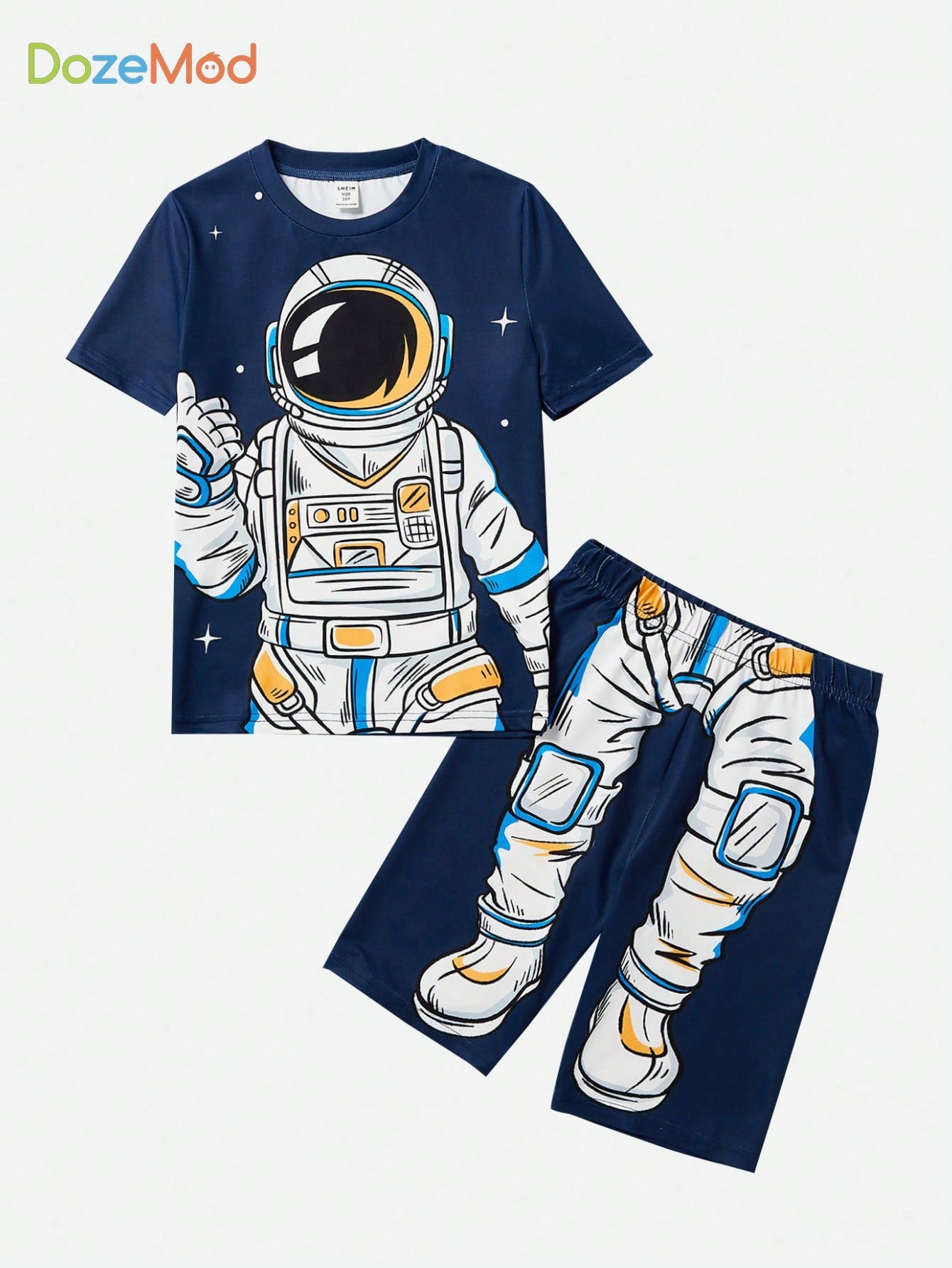 Tween Boy Round Neck Short Sleeve T-Shirt And Straight Shorts Cartoon Space Elements Knitted Homewear Set(2pcs)