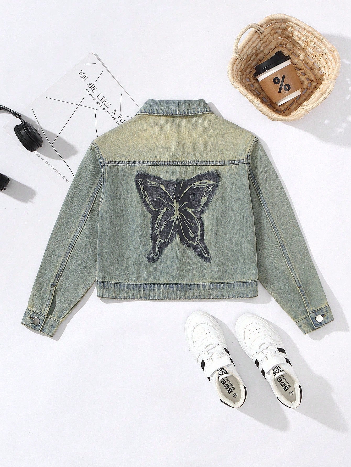 Teen Girls' Vintage Butterfly Printed Denim Jacket, Spring Autumn New Street Fashion Loose Jean Coat