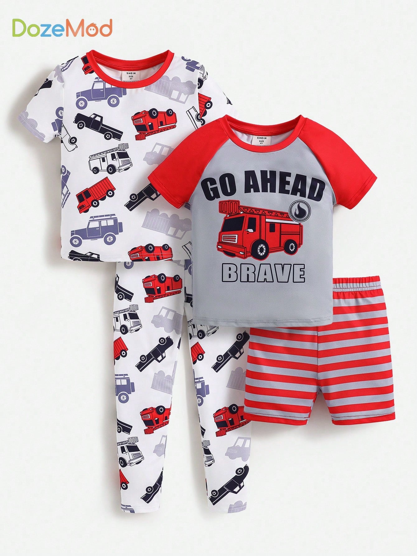 4pcs/Set Young Boy Cartoon Car Printed Short Sleeve T-Shirt, Pants, Striped Shorts Snug Fit Homewear Suit