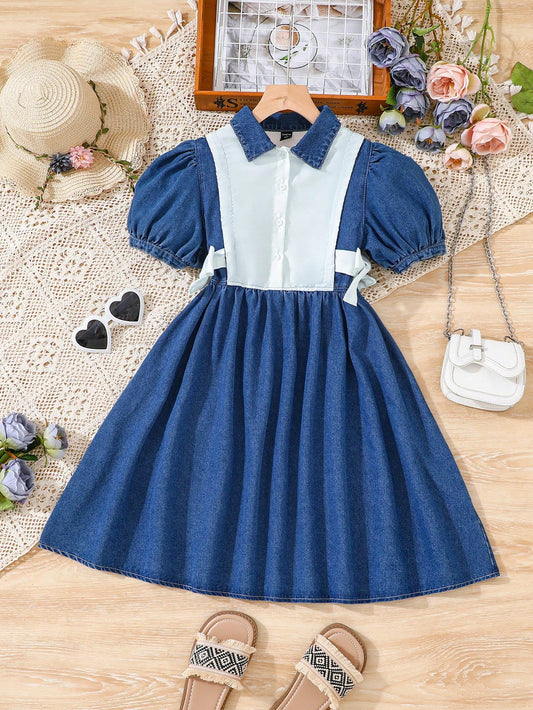 Tween Girls' Short Sleeve Shirt Collar Color Block 2 In 1 Denim Dress With Side Tie And Puff Sleeves