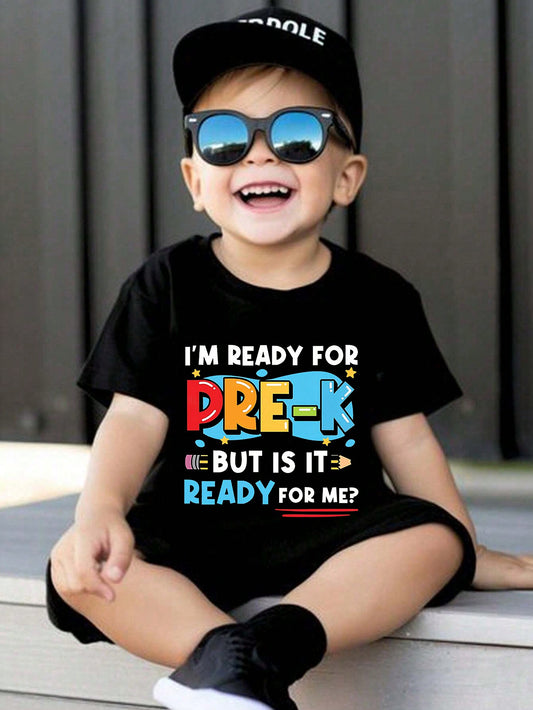 Boys' Casual Style Round Neck Short Sleeve T-Shirt With Cute English Slogan, Toddler