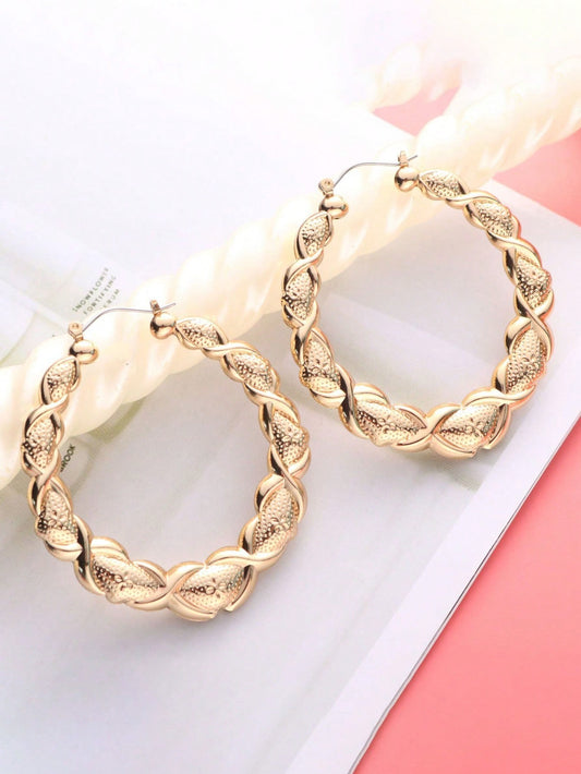 2pcs Exaggerated XOXO Design Big Hoop Earrings, Fashion Hollow Bamboo Shape Gold Tone Earring