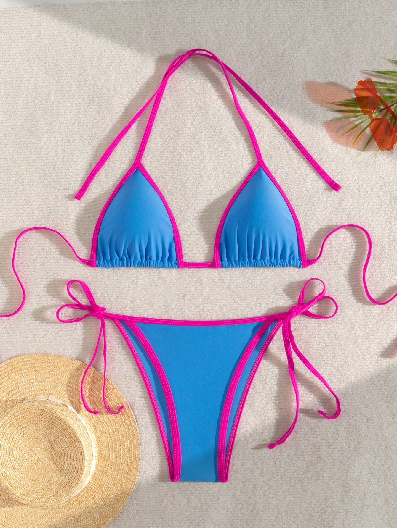 Swim Mod Summer Beach Contrast Binding Triangle Thong Bikini Set