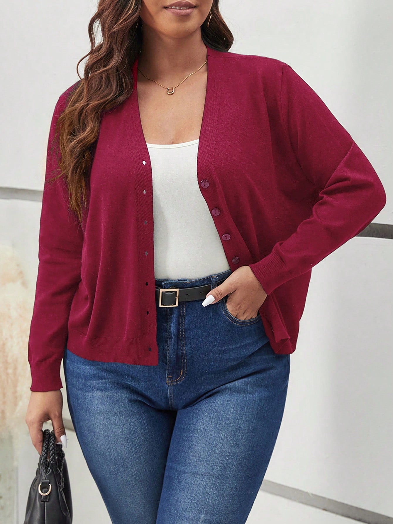 Frenchy Plus Size Buttoned V-Neck Long Sleeve Solid Color Minimalist Charming Fashion Cardigan