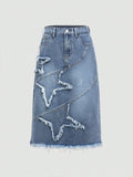 Tween Girls Y2K Punk Trendy Elegant And Casual Vintage Star Embellished Washed Denim Skirt With Slant Cut And Hip Wasit Design