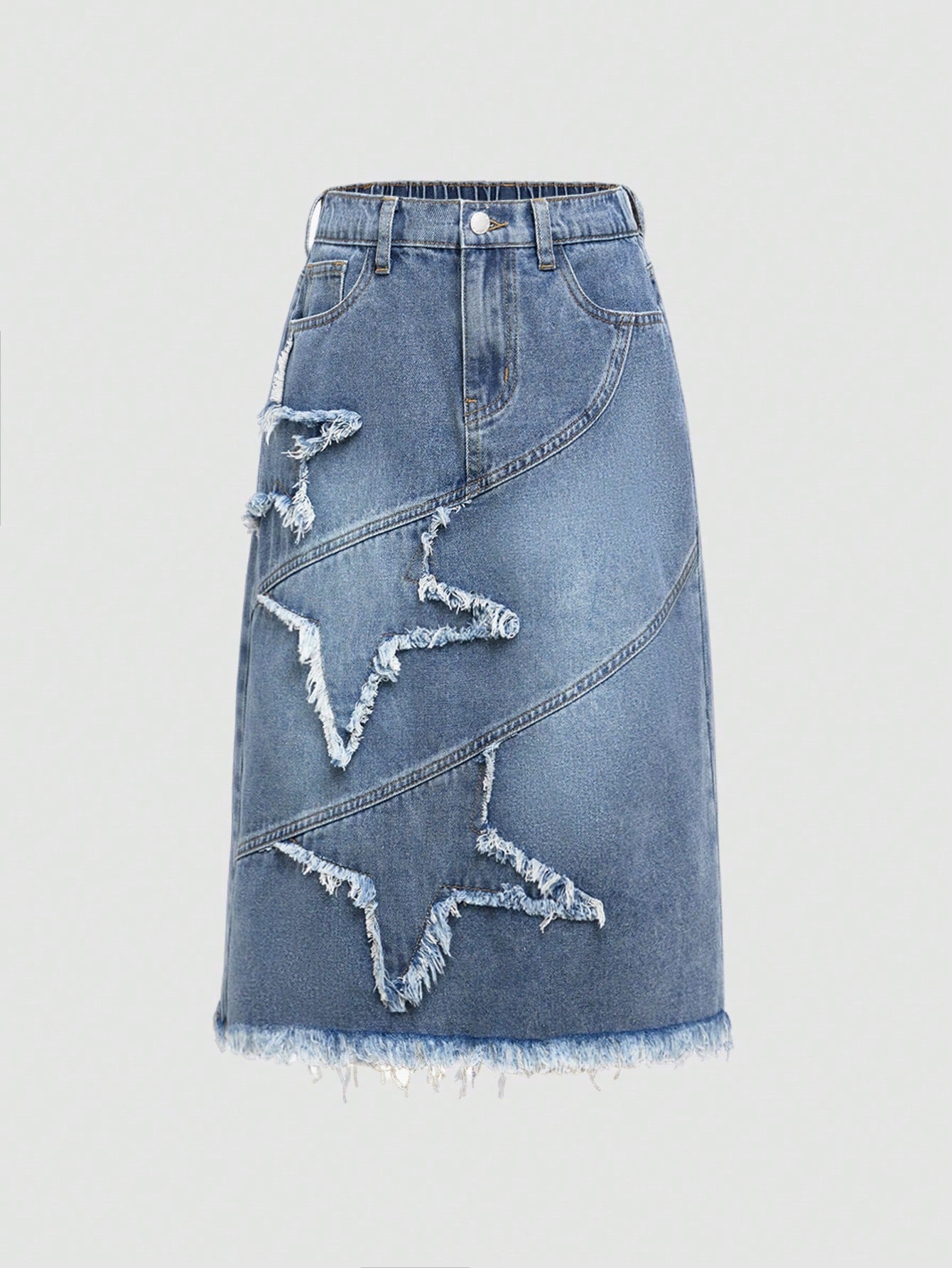 Tween Girls Y2K Punk Trendy Elegant And Casual Vintage Star Embellished Washed Denim Skirt With Slant Cut And Hip Wasit Design