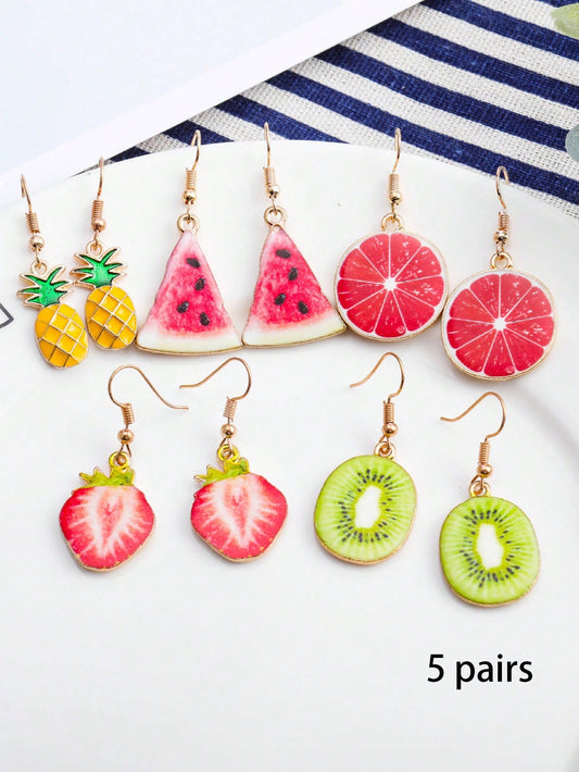 5 Pairs Creative Fruit Earrings, Pineapple Strawberry Watermelon Fruit Stud Earrings, Stylish And Cute Ear Jewelry For Girls Summer Decoration