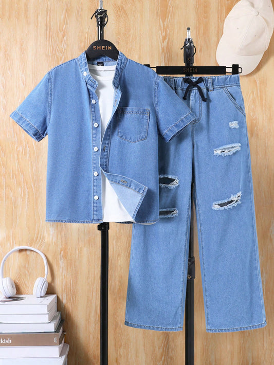 Tween Boys 2pcs/Set Casual Washed Lapel Short Sleeves Denim Shirt & Ripped Frayed Drawstring Waist Loose Straight Legs Jeans Set,For Summer Two-Pieces Outfits