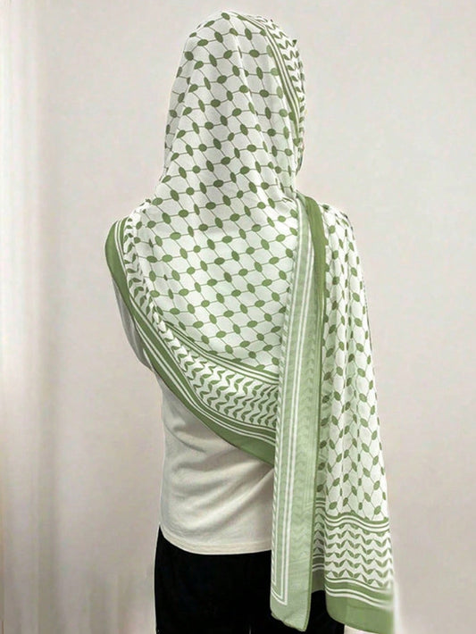 1pc Green Chiffon Arab Scarf With Printed Checks, Wholesale  Style Floral Lace Shawl Scarf For Girls