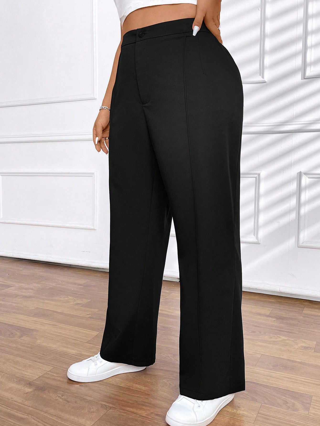 Plus Size Solid Color Button Fabric Pleated Dress Pants