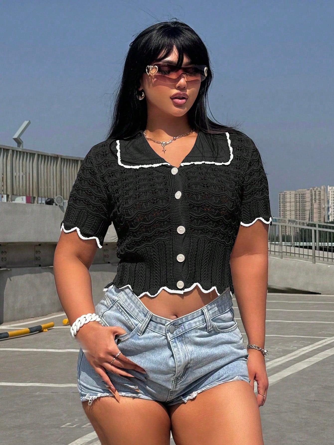 Fashionable High-End Design Hollow-Out Knit Top With Polo Collar