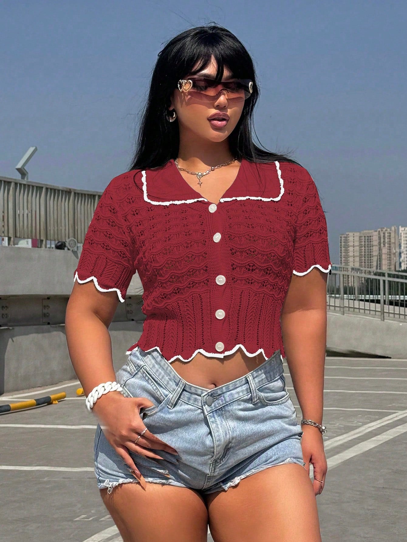 Fashionable High-End Design Hollow-Out Knit Top With Polo Collar