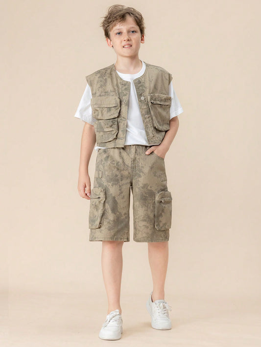 Tween Boys Casual Denim Suit With Multi-Pocket Design, Fashionable Cargo Style, Stonewashed