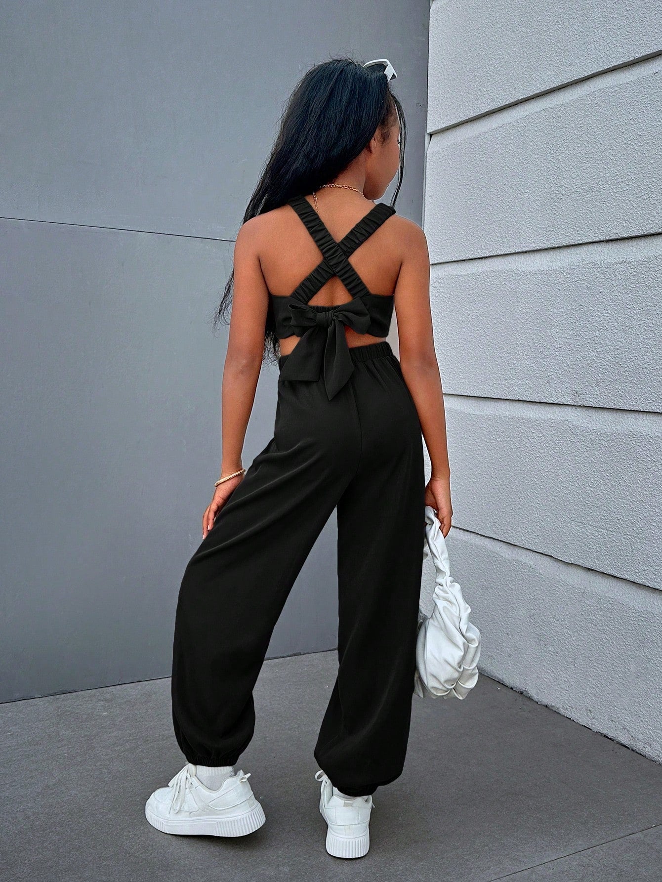 Tween Girl Cool & Trendy Street-Style Woven Solid Color Jumpsuit With Cross Back Straps And Open Back, Spring/Summer