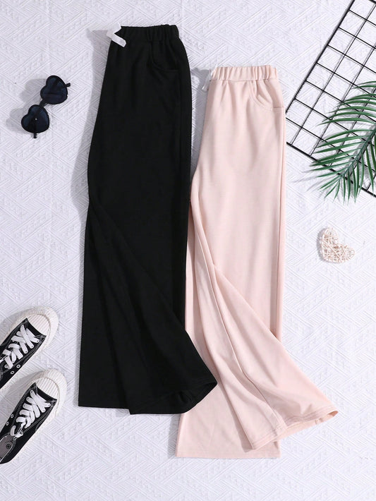 2pcs Soft & Loose Straight-Leg Solid Color Casual Pants Set For Tween Girls