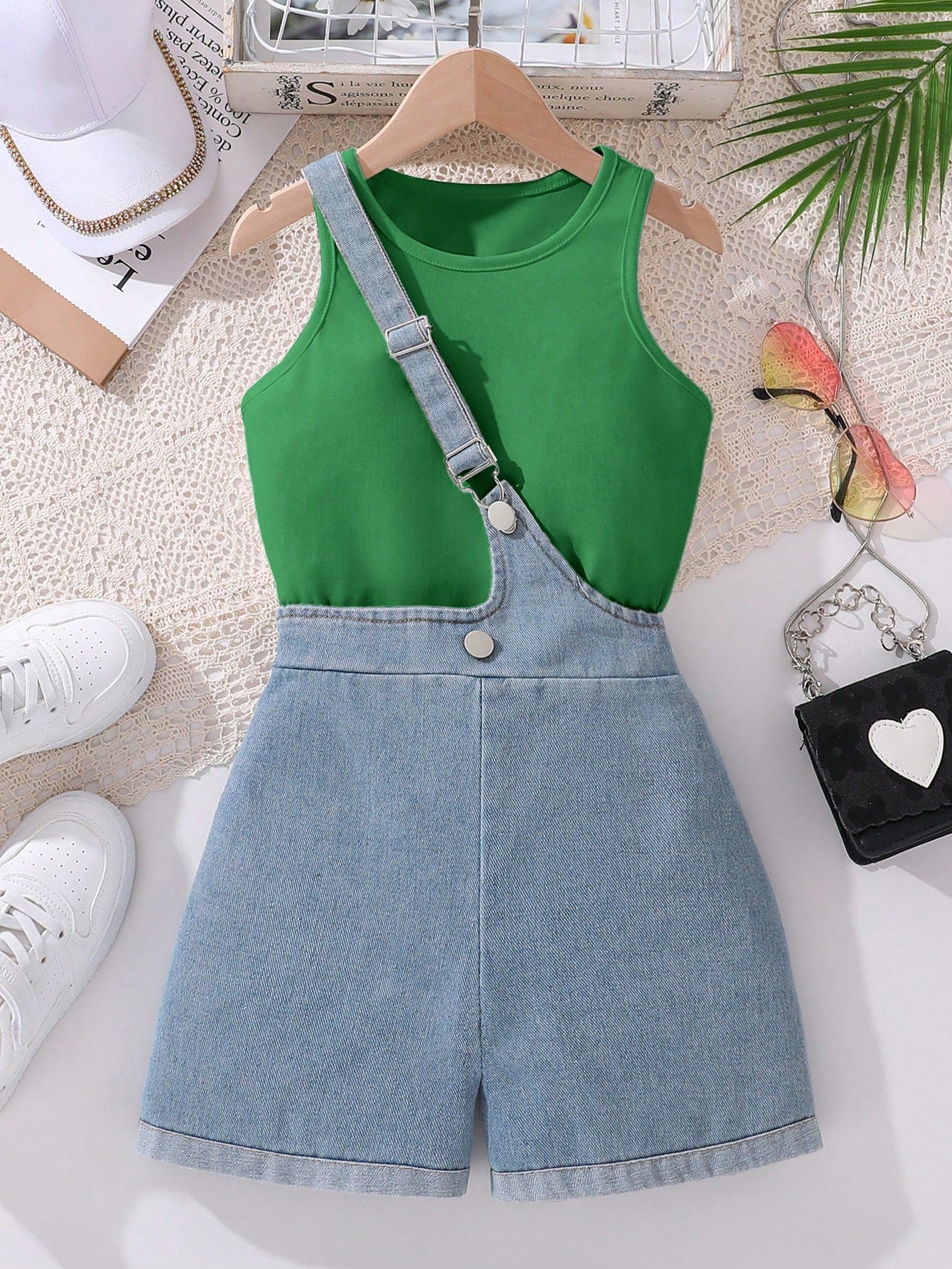 Tween Girl Solid Color Vest Top With Overalls Denim Shorts 2 Pieces Set For Summer